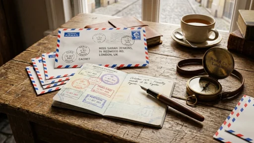 Airmail letters with passport and compass on weathered desk