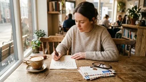 Person writing a letter at a sunlit cafe table (AI Generated Image)