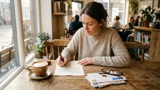 Person writing a letter at a sunlit cafe table
