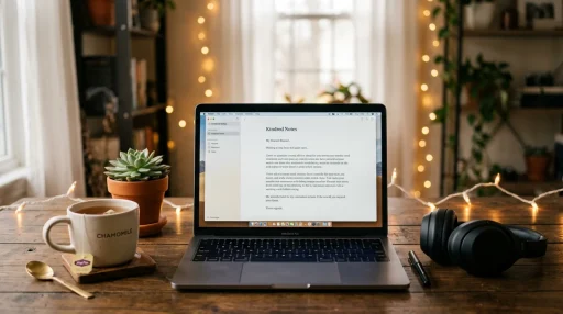 Open laptop on wooden desk with tea and fairy lights (AI Generated Image)