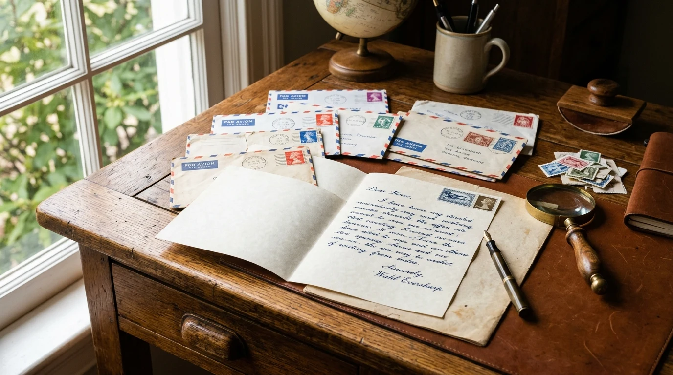 Best Pen Pal Services — Safe & Meaningful Global Connections | Penpal-Net 2 Vintage writing desk with envelopes stamps and letter (AI Generated Image)