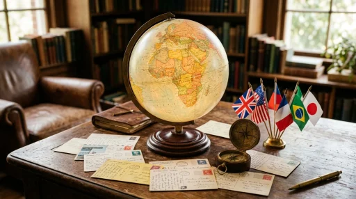 PenPal Gate Review — Features, Safety & How to Connect | Penpal-Net 1 Vintage illuminated world globe with postcards and flags (AI Generated Image)