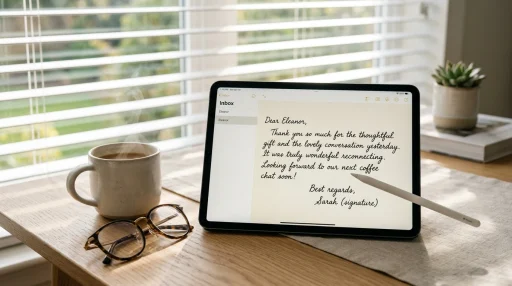 E-Penpals Guide — How to Exchange Email Letters Safely | Penpal-Net 1 Tablet with stylus pen displaying digital handwritten letter (AI Generated Image)