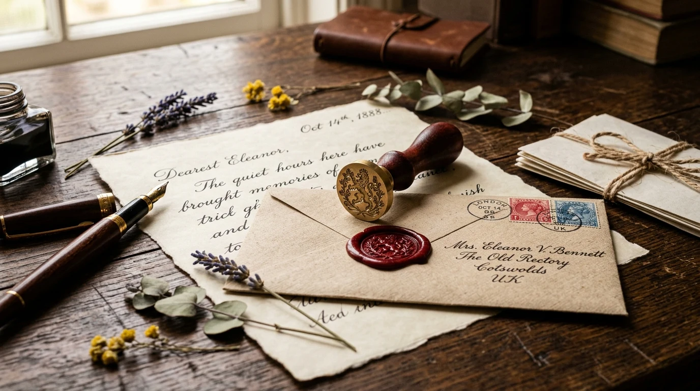 The Penpal Tradition — Preserving Snail Mail in a Digital Age | Penpal-Net 2 Vintage wax seal envelope with brass seal and fountain pen (AI Generated Image)