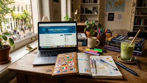 Online Pen Pal Communities — Digital Hubs & Virtual Friendships | Penpal-Net 3 Student study desk with laptop journal and stickers (AI Generated Image)