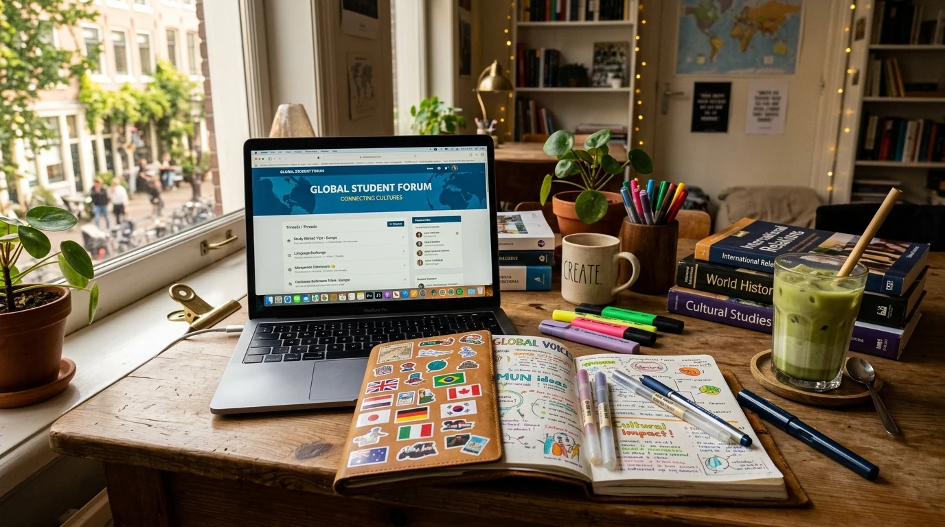 Online Pen Pal Communities — Digital Hubs & Virtual Friendships | Penpal-Net 2 Student study desk with laptop journal and stickers (AI Generated Image)