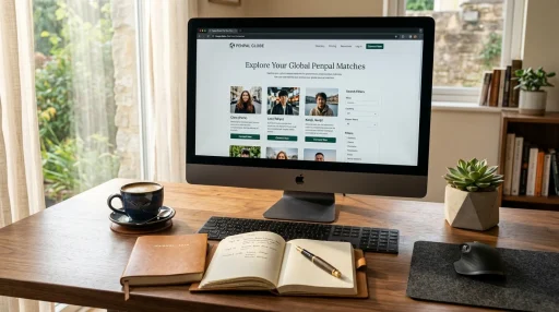 Modern computer monitor displaying penpal directory with journal and coffee (AI Generated Image)